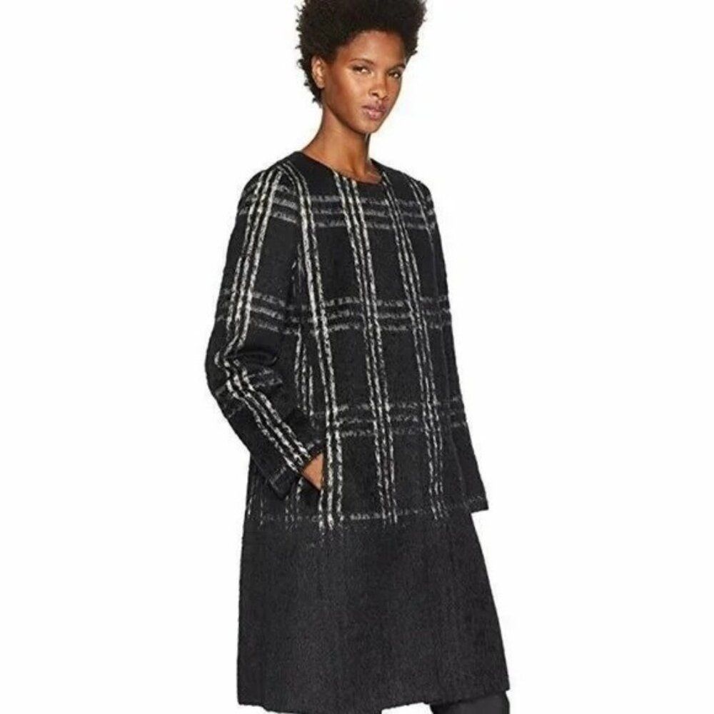 Eileen Fisher Woman's Xl Black Alpaca Shadow Plaid Round Neck Coat Mature